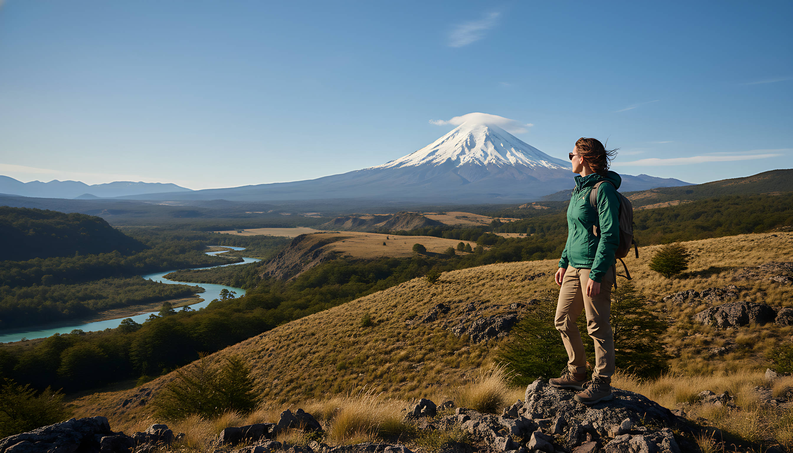 Mujer con campera verde y mochila de trekking contemplando un volcán nevado en la Patagonia