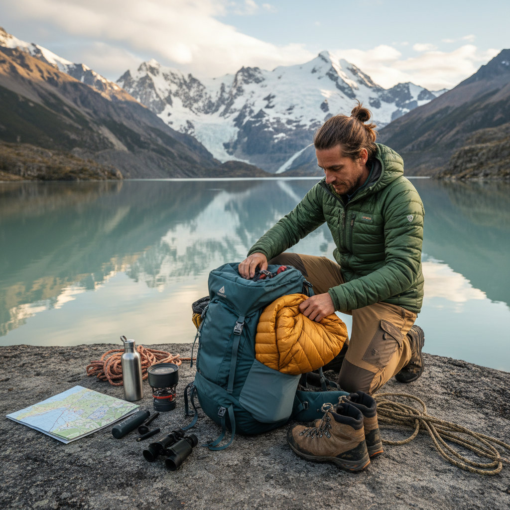 Hombre con campera outdoor organizando su mochila a orillas de un lago glaciar con montañas nevadas